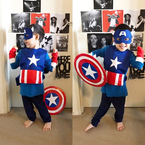 Handmade Captain America costume for school Superhero Day.  Shield made from packing cardboard with white paper star and blue/red packaging tape.  Mask, vest and gloves/cuffs hand sewn from felt. Costume For School, Felt Outfit, Captain America Outfit, Superhero Day, Red Packaging, Captain America Costume, America Outfit, Halloween Express, Packaging Tape