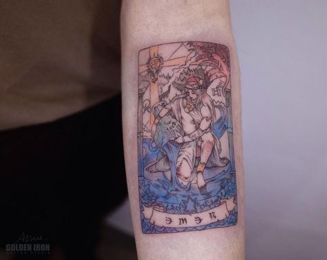 FFXIV Astrologian Ewer Card done by Alice at Golden Iron Tattoo Studio in Toronto CA #tattoos #tattoo #beauty Ffxiv Tattoo Ideas, Ffxiv Tattoo, Iron Tattoo, Trending Tattoos, Prison Tattoos, R Tattoo, Tattoo Photos, Best Artist, Flash Tattoo