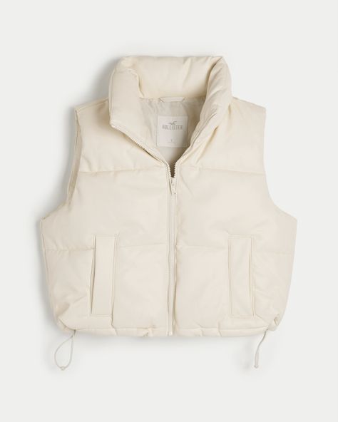 Mini Puffer Vest, Cream Puffer Vest, Leather Puffer Vest, Puffer Vest Outfit, Vest Outfits For Women, Leather Puffer, Hollister Jackets, Womens Puffer Vest, Teen Clothing