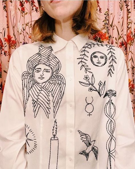 𝔗𝔢𝔰𝔰𝔞 🕊🐿😵‍💫❤️‍🔥 en Instagram: “Upcycled shirt 🌝🕊 #fullmooninvirgo #embroidery” Embroidery Trends, Tessa Perlow, Upcycled Shirt, Needlework, Log In, Embroidery, Drawings, On Instagram, Instagram