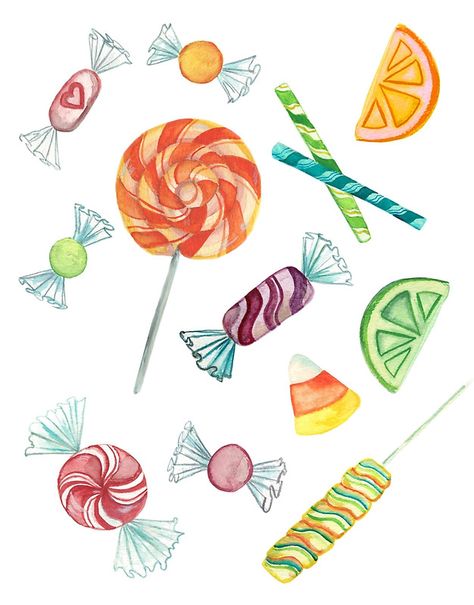 Sweet Treats Drawings, Sweet Treat Drawing, Candy Land Drawing, Candy Drawing Easy, Candy Illustration Art, Candy Art Drawing, Cotton Candy Painting, Candy Sketch, Candy Drawings