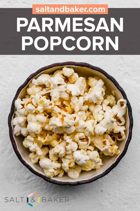 I love eating a bowl of parmesan popcorn as I sit and watch a movie! It's a delicious and sophisticated low calorie snack! Change up your regular popcorn recipe by adding cheese! It's amazing! #saltandbaker #popcorn #parmesan Homemade Popcorn Recipes, Cheesy Popcorn, Parmesan Popcorn, Low Calorie Snack, Easy Snacks For Kids, Homemade Popcorn, Popcorn Seasoning, Popcorn Recipe, Amazing Appetizers