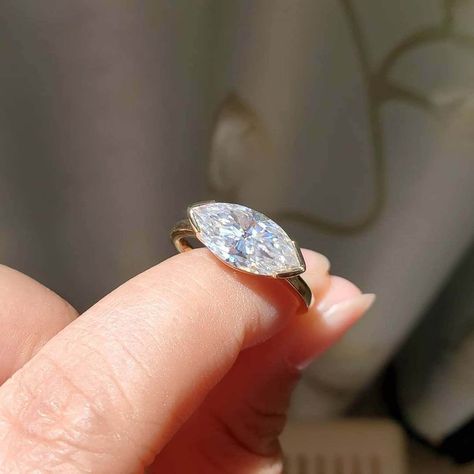 Marquise Cut Wedding Rings, East West Marquise, Marquise Cut Diamond Ring, Half Bezel, Bezel Engagement Ring, Bezel Set Ring, Wedding Rings Solitaire, Moissanite Diamond Rings, Marquise Cut Diamond