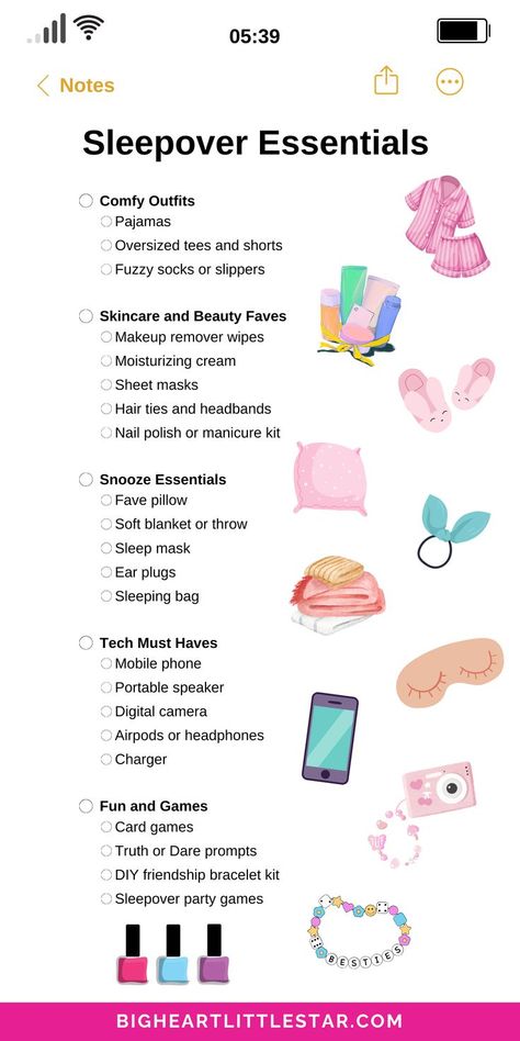 Plan the perfect sleepover with this ultimate sleepover packing list! Covering sleepover essentials like games, activities, and must-bring items, this guide ensures a fun night with friends. From cozy PJs to fun sleepover games, don’t miss a thing on your checklist. Perfect for teen sleepover ideas and birthday sleepovers. Checklist for Sleepover, Things to Pack, What to Bring to a Sleepover, Teen Party Essentials. Sleepover Party Ideas For Teenagers, Sleepover Bag Checklist, Things To Do At Sleepovers Bff, Things To Bring To A Sleepover, What To Bring To A Sleepover, Teen Sleepover Games, Sleepover Ideas For Teenagers, Sleepover Checklist, Sleepover Packing