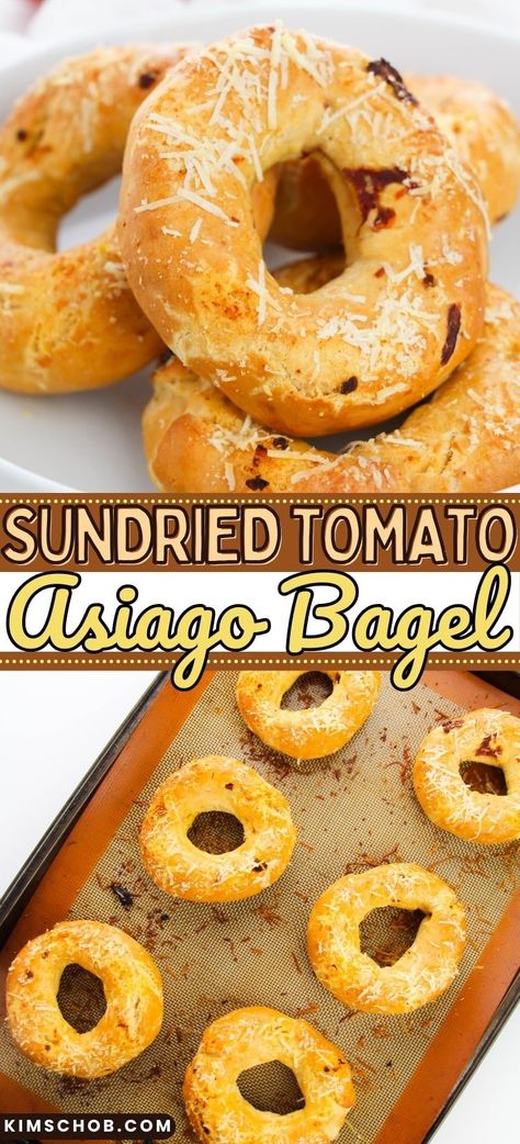 Sun dried tomato Bagels are a delightful twist on the traditional bagel recipe. They incorporate tangy sundried tomatoes and robust Asiago cheese into the dough for an unforgettable flavor profile. Sundried Tomato Bagels, Traditional Bagel Recipe, Bagel Spread Recipes, Types Of Bagels, Bagel Spread, Pretzel Bun, Sundried Tomatoes, Sundried Tomato, Asiago Cheese