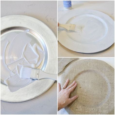 Coastal Burlap Plate Charger                                                                                                                                                                                 More Decoupage Charger Plates, Paint Charger Plates, Charger Plate Ideas, Charger Plates Diy, Charger Plate Crafts, Burlap Crafts Diy, Charger Ideas, Plate Chargers, Diy Chargers