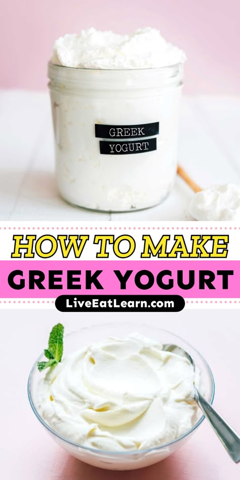 Image a pot of greek yoghurt on a white table with a pink wall in the background. Text reads how to make greek yogurt How To Make Vanilla Yogurt, Recipes For Yogurt, Making Yoghurt At Home, Yogurt Flavors Homemade, Making Greek Yogurt At Home, How To Make Your Own Yogurt, How To Flavor Homemade Yogurt, Homemade Vanilla Yogurt Recipes, Home Made Greek Yogurt