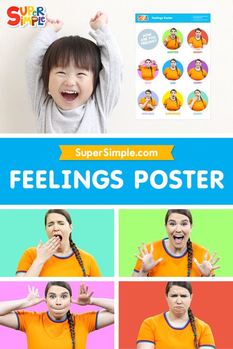 Get our free printable Feelings Poster for your classroom or homeschool, featuring Super Simple Caitie of Caitie's Classroom of course. Emotions Games For Kids, Emotion Vocabulary, Poster Free Printable, Emotion Poster, Emotions Game, Feelings Poster, Feelings Games, Teaching Emotions, Emotions Posters