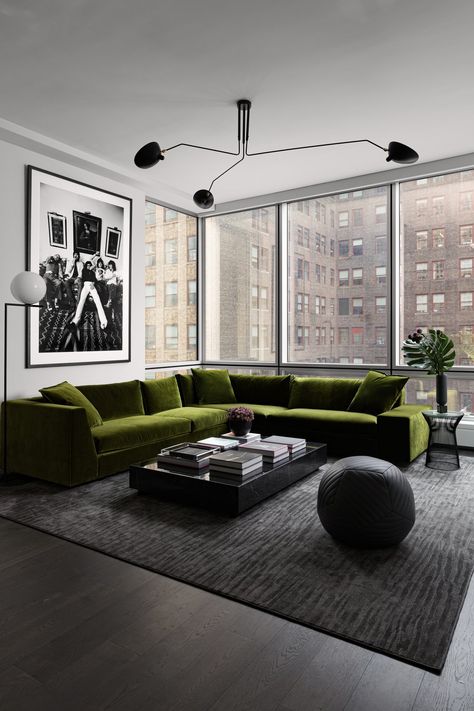 MADISON AVENUE — JUSTIN CHARETTE DESIGN Green Velvet Sofa Living Room Modern, Olive Green Sectional Living Rooms, Velvet Green Couch Living Room Ideas, Green Sectional Living Room Ideas, Green Sectional Living Room, Velvet Couch Living Room Ideas, Emerald Green Couch, Green Velvet Sofa Living Room, Upstairs Lounge