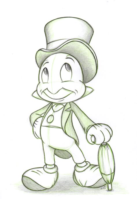 Jiminy Cricket Sketch, Jiminy Cricket Drawing, Disney Characters Drawings Easy, Sketches Of Disney Characters, Cute Simple Drawings Disney, Cute Disney Sketches, Disney Animation Sketches, Disney Sketches Pencil, Jiminy Cricket Tattoo