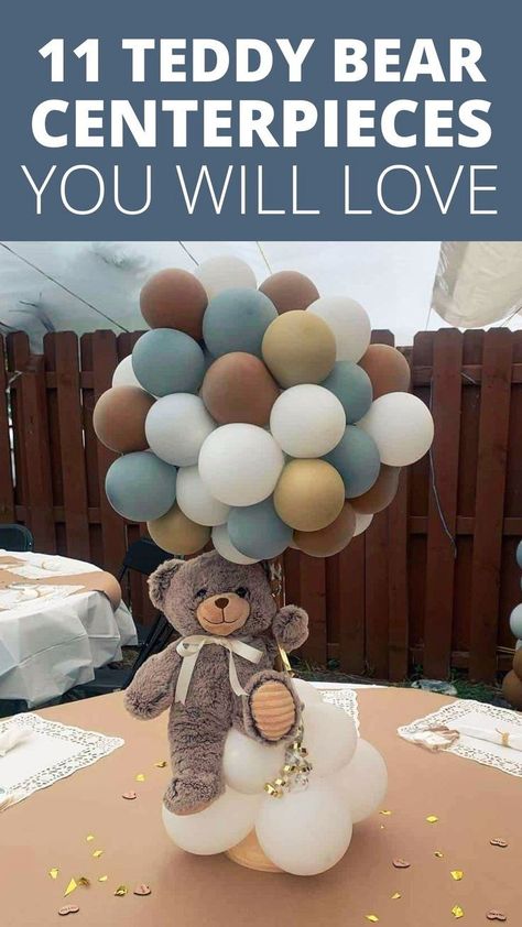 Elevate your party with charming Teddy Bear Centerpieces that are perfect for baby showers or first birthdays! Dive into gender-neutral themes and DIY your decor with ease. Add a playful touch with floating balloons and adorable bear accents. Bearly Wait Centerpieces, Bear Centerpiece Ideas, Teddy Bear Birthday Decorations, Teddy Bear Baby Shower Centerpiece, Bear Centerpieces, Bear Centerpiece, Balloon Centerpieces Diy, Teddy Bear Centerpieces, Gender Neutral Baby Shower Themes