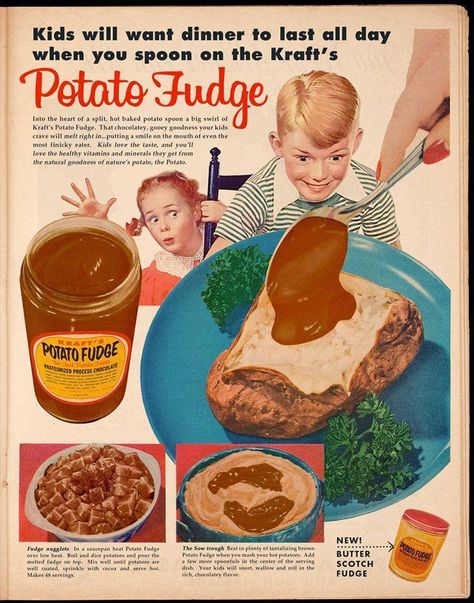 That ad for Kraft Potato Fudge is fake Potato Fudge, House Bar Decor, 귀여운 음식 그림, Pin Up Vintage, Vintage Cartoons, House Bar, Paper Home, Food Ads, Retro Ads