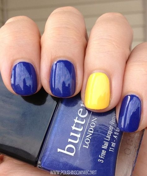 Blue Nails With Yellow Accent, Yellow And Navy Nails, Navy And Yellow Nails, Blue And Yellow Nails Designs, Yellow And Blue Nails, Blue And Yellow Nails, Shellac Nails Fall, Spring Break Nails, Navy Nails