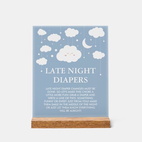 Enhance your heaven sent baby shower theme decoration blue with our Cloud 9 Baby Shower Late Night Diapers Acrylic Sign. Perfect for a cloud baby shower theme decoration, this elegant sign adds a dreamy touch to your event. Ideal for a little piece of heaven baby shower theme and cloud theme baby shower ideas, it's a must-have for on cloud 9 baby shower theme decorations, completing your cloud nine baby shower theme with a stylish blue cloud baby shower theme centerpiece. Heaven Sent Baby Shower Theme Boys, Cloud Centerpiece Baby Shower Ideas, Cloud Baby Shower Theme, Cloud Theme, Baby Shower Blue, Weather Theme, Angel Theme, Baby Shower Theme Decorations, Late Night Diapers