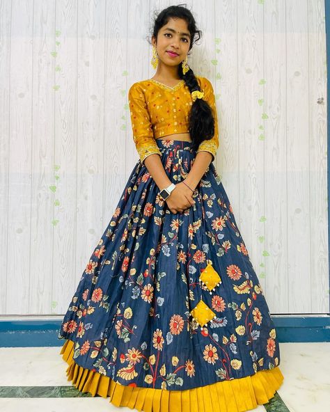 Beautiful Kalamkari chanderi Lehanga paired with Bandhini crop to.. Watsup for order@9000165100… Kalamkari Long Frocks Models, Cotton Frocks For Kids, Long Gown Design, Kids Blouse Designs, Cutwork Blouse Designs, Kids Lehenga, Kids Frocks Design, Kids Dress Wear, Kids Dress Patterns