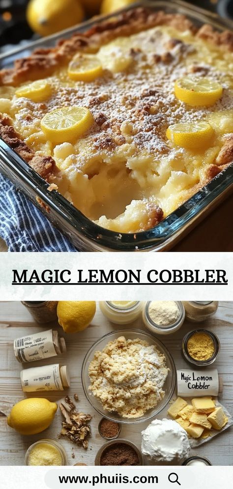 This delightful Magic Lemon Cobbler is a refreshing dessert that perfectly balances sweetness and tartness, making it an ideal treat for any occasion. With its golden, buttery top layer and a luscious lemon filling that magically forms while baking, this dessert is sure to impress your family and friends. Lemon Cobbler Recipes, Magic Lemon Cobbler, Lemon Cobbler, Lemon Dessert Recipes, Layered Desserts, Lemon Filling, Refreshing Desserts, Cobbler Recipes, Lemon Desserts