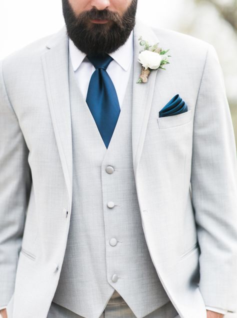 Light gray suit + royal blue tie: http://www.stylemepretty.com/texas-weddings/2016/07/07/a-blanket-of-bluebonnets-made-for-the-ultimate-hill-country-wedding/ | Photography: Loft Photography - http://www.loftphotography.com/ White Suit Blue Tie, White Suit With Blue Tie, Light Grey Suit Men Color Combos, Light Grey Groom Suit, Light Grey Wedding Suit, White And Blue Suit, Light Gray Suits, Royal Suit, Light Gray Suit