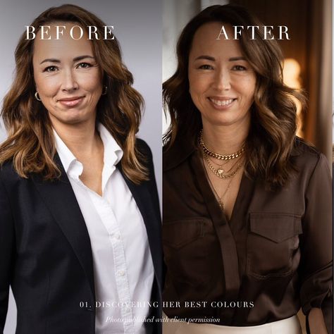 Incredible before and after transformation from our client 🖤 Small swaps from black and white to warm brown and cream make a huge difference, you look absolutely wonderful! . #coloranalysis #colouranalysis #coloranalyst #beforeandafter Autumn Celebrities, Before And After Transformation, Summer Color Palette, Dark Autumn, Color Analysis, Warm Brown, Celebrity Hairstyles, Styling Tools, Summer Colors