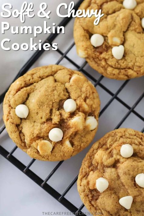 These soft and chewy Pumpkin Cookies with White Chocolate Chips are a fall favorite. They’re loaded with pumpkin flavor and sweet white chocolate chips in every bite. #thecarefreekitchen #pumpkin #fall #baking #pumpkincookies #whitechocolate #dessert Pumpkin Cookies With Cream Cheese Chips, Pumpkin White Chocolate Chip Cookies Healthy, Pumpkin Cookies With White Choc Chips, Pumpkin Cookies With White Chips, Pumpkin Cookies With White Chocolate Chips, Pumpkin Cookies With White Chocolate, White Chocolate Chip Pumpkin Cookies, Pumpkin White Chocolate Cookies, White Chocolate Pumpkin Cookies