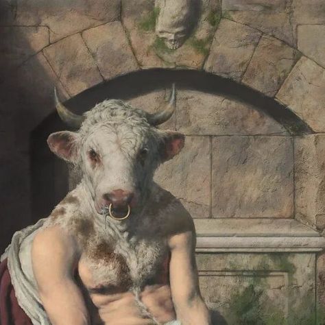 Archaeology & Art on Instagram: "Minotaur, 2021, Mixed media-Oil & Digital, Paul Reid (Scottish, 1975).⁣
⁣
https://www.paulreidart.co.uk/mythologies⁣
⁣
 The Minotaur was a monstrous creature with the body of a man and the head of a bull. According to the myth, it was born from the union of Pasiphae, the wife of King Minos of Crete, and a magnificent bull sent by the god Poseidon.⁣
⁣
King Minos, seeking to hide the shame of this unnatural offspring, had the architect Daedalus construct a vast labyrinth beneath his palace in Knossos. The labyrinth was a complex maze designed to confine the Minotaur, making it nearly impossible to escape.⁣
⁣
Every year, as a form of tribute, seven young men and seven young women from Athens were sent into the labyrinth to be devoured by the Minotaur. This con The Minotaur, A Bull, The Labyrinth, The Architect, Young Men, The Union, The Beast