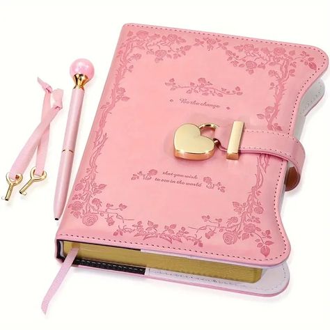 Temu Girls Gift Ideas, Journal With Lock, Diary With Lock, Refillable Notebook, Girl G, Pretty Journals, Diary Book, Enchanted Rose, Heart Lock