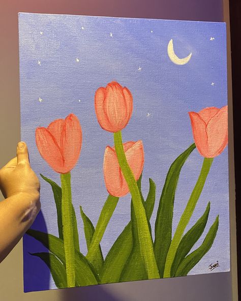 acrylic painting. inspo: youtube   #tulips #acrylic #acrylicpaint #painting Acrylic Painting Flowers On Canvas Easy, Tulip Easy Painting, Flower Painting Ideas Easy Simple, Beginner Acrylic Painting Ideas Simple, Simple Painting Flowers, Easy Kids Painting Ideas On Canvas, How To Paint Tulips Acrylics, Drawing Canvas Ideas, Tulip Art Painting