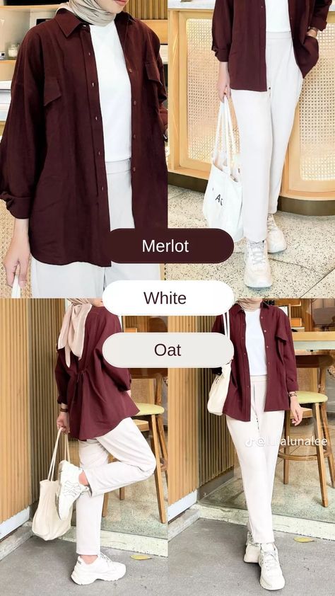 Mix And Match Outfits Hijab, حفل توديع العزوبية, Maroon Outfit, Simple Style Outfits, Simple Casual Outfits, Mix Match Outfits, Mode Hijabi, Colour Combinations Fashion, Color Combos Outfit