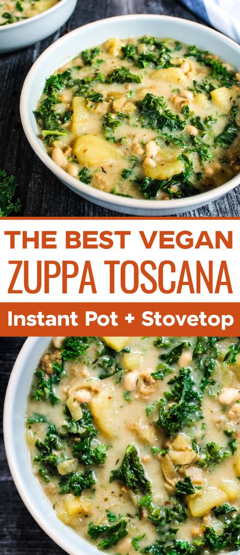 Kale Soup Instant Pot Recipes, Instant Pot Soup Recipes Dairy Free, Tuscan Soup Vegan, Zuppa Toscana Vegan, Vegan Soup With Kale, Vegan Instapot Soup Recipes, Vegetarian Tuscan Soup, Olive Garden Zuppa Toscana Soup Vegan, Meat Free Soup