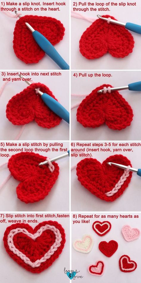 These crochet hearts work up quickly and are fun to make! They are perfect for your Valentine’s Day decorations or make great appliques to add to your crochet projects. Crochet Hearts, Crochet Heart Pattern, Easy Knitting Projects, Confection Au Crochet, Valentines Crochet, Crochet Simple, Crochet Diy, Crochet Design, Crochet Heart