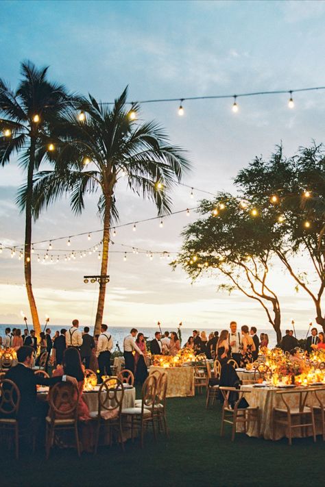 Glowy oceanfront evening wedding reception at The Four Seasons Resort Lanai in Hawaii. Brought to life by Florist- Mandy Grace Designs, Planner- Ked & Co and Photographer- Ashley Goodwin. Oahu Wedding Reception, Fiji Wedding Reception, Evening Wedding Reception, Polynesian Wedding, Sunset Beach Wedding, Sunset Beach Weddings, Hawaii Beach Wedding, Fiji Wedding, Oceanfront Wedding