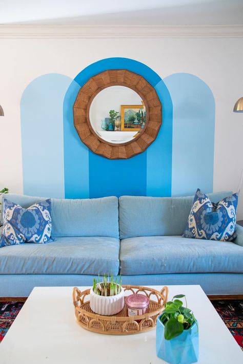 Arch Mural, Wall Behind Couch, Painted Arch, Family Room Couch, Modern Wall Paint, Family Room Paint, Art Haus, Diy Mural, Painted Beds