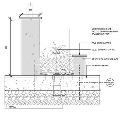 section and detail Terrace Garden Section Detail, Retaining Wall Detail Drawing, Landscape Furniture Detail Drawing, Landscape Construction Details, Furniture Details Drawing, Garden Section, Construction Details Architecture, Wall Section Detail, Atrium Design