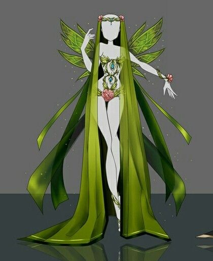 Forest Dress Drawing, Fairy Outfit Drawing Inspiration, Fantasy Fairy Outfit Drawing, Fairy Clothes Drawing Character Design, Plant Dress Drawing, Nature Superhero Suit, Nature Dress Drawing, Elemental Clothes, Green Dress Sketch