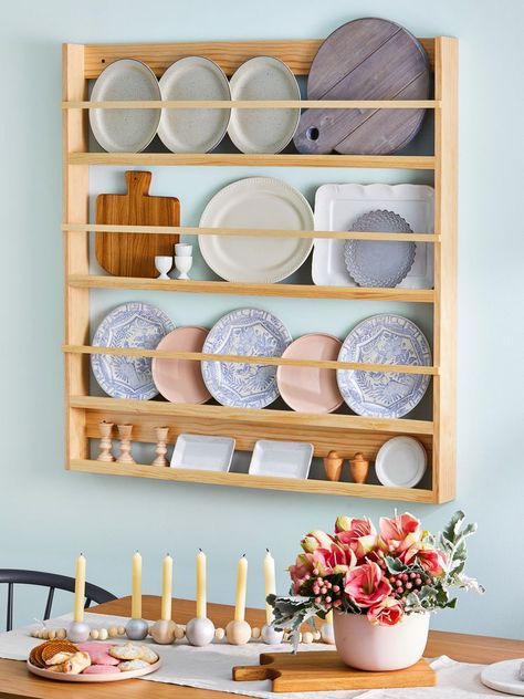 How to Make an Easy DIY Plate Rack Wall Dining Table, Plate Rack Wall, Diy Plate Rack, Affordable Storage, Wood Putty, Plate Rack, Wood Plate, Dining Table Centerpiece, Plate Racks