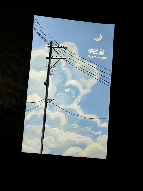 Clouds, blue sky, korean text, moon. Korean Painting Ideas, Korean Painting Aesthetic, Aesthetic Diys, South Korean Flag, Pretty Moon, Flag Drawing, Korean Flag, Korean Painting, Bts V Photos