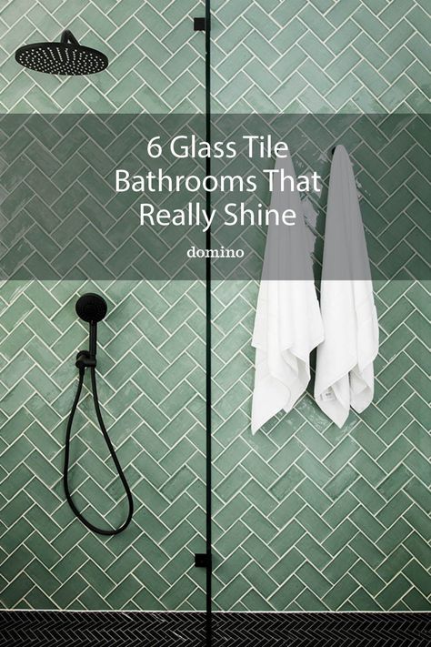 Iridescent Tile Bathroom, Glass Tile Shower Ideas, Glass Subway Tile Bathroom, Nice Bathrooms, Glass Tile Shower, Aesthetic Bathroom Decor, Tile Bathrooms, Glass Tile Bathroom, Green Subway Tile