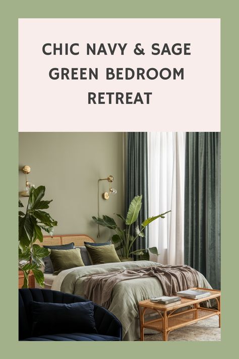 Stylish bedroom with sage green walls, navy accents, and lush plants. Neutral Bedroom With Jewel Tones, Sage Navy Bedroom, Navy And Olive Green Bedroom, Green And Navy Blue Bedroom, Navy And Sage Bedroom, Blue Green Bedroom Ideas, Green And Navy Bedroom, Green And Blue Bedroom, Navy Blue And Sage Green