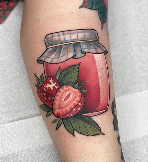 Pink Strawberry Tattoo, Strawberry Jam Drawing, Jelly Jar Tattoo, Strawberry Jam Tattoo, Canning Tattoo, Gumball Machine Tattoo, Jam Jar Tattoo, Juice Box Tattoo, Sweets Tattoo