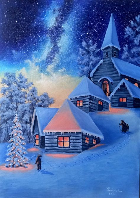 Card Postal, Winter Scene Paintings, Chinese Festival, Winter Painting, Night Scene, Christmas Night, New Year Holidays, Winter Night, Art Inspiration Painting