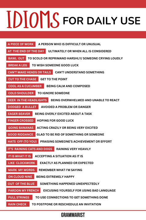 A list of common English idioms with their meanings, focused on phrases for daily use and spoken language, useful for language learning and improving sentences.