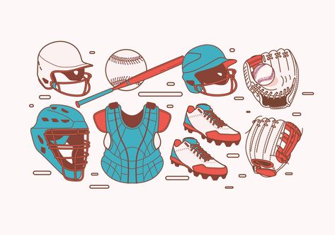 Softball Equipment Vector Softball Illustrations, Gloves Drawing, Baseball Batter, Baseball Vector, Baseball Mascots, Softball Equipment, Softball Catcher, Baseball Park, Softball Gloves