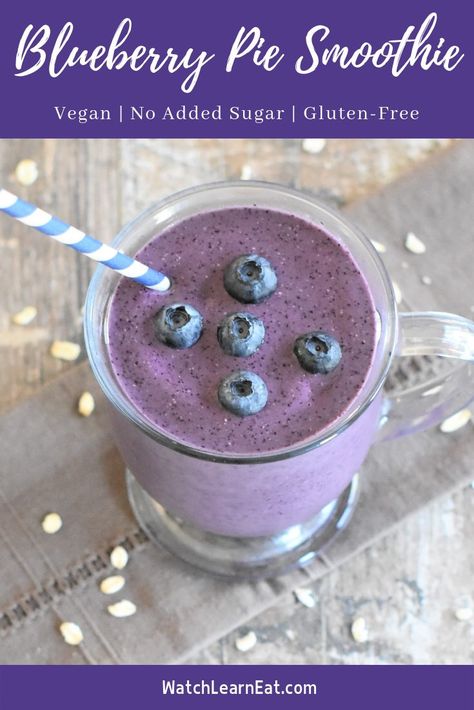 This naturally sweetened Blueberry Pie Smoothie is vegan, gluten-free and perfect for breakfast or any time of the day. #vegan #glutenfree #nosugaradded #noaddedsugar #blueberry #smoothie #dairyfree Kid Friendly Smoothies, Unique Smoothies, Vegan Gluten Free Breakfast, Easy Breakfast Smoothies, Vegan Smoothie Recipes, Blueberry Smoothie, Healthy Blueberry, Vegan Blueberry, Vegan Sugar