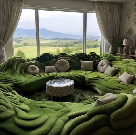 Grass Terrace, Moss Ideas, Groovy Furniture, Nature Furniture, Funky Sofa, Terrace Landscape, Green Couch, Future Apartment Decor, Dream Furniture