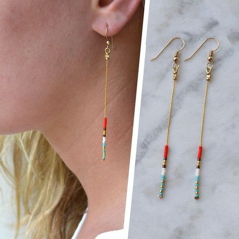 Beaded Jewelry Earrings, Making Bracelets With Beads, Earrings Minimal, Festival Earrings, Beaded Earrings Tutorials, Simple Chain, Beaded Earrings Diy, Earring Dangle, Minimal Earrings