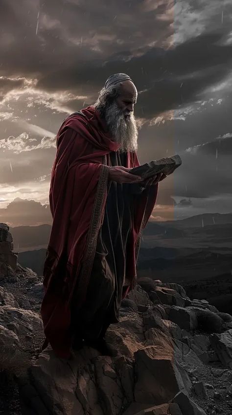 Full Color Image in ai-img-gen.com 🔸 Moses receiving the Ten Commandments, Description: atop Mount Sinai, Time: dusk, Clothing: draped in... 🔸 From Midjourney AI Image The Ten Commandments, Mount Sinai, Mysteries Of The World, Ten Commandments, Lost In Thought, White Beard, Colour Images, Rocky, Books To Read