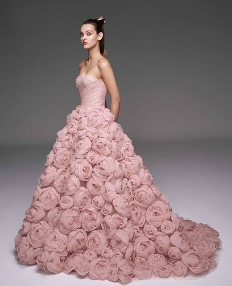 Rose Skirt Outfit, 3d Rose Dress, Nicole Felicia Couture, Nicole Felicia, Pink Skirt Set, Colored Wedding Gowns, Pink Wedding Gowns, Elegant Outfit Classy, Goddess Dress