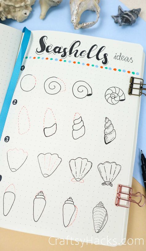 Transform your bullet journal aesthetic into an underwater paradise with these captivating sea themed drawing ideas. From cute fish drawings to shells and waves, this is all the doodle art you need if you are an ocean lover. Sea Themed Doodles, Ocean Journal Ideas, Sea Doodle Art, How To Draw Shells, How To Draw Waves, Theme For Project, Summer Journal Ideas, Doodles For Bullet Journal, Ocean Art Ideas