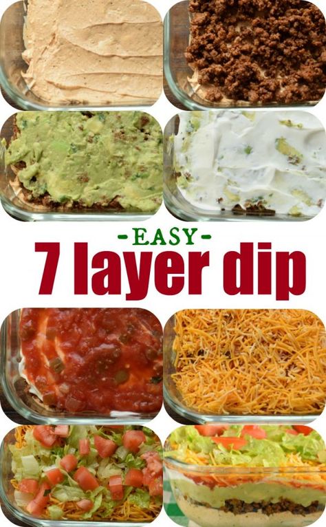 The Ultimate 7 Layer Dip recipe is packed with layers of Cream Cheese, Sour Cream, Ground Beef (and/or Beans), Guacamole, Salsa, Cheese, and more! 5 Layer Dip Mexican Ground Beef, 9 Layer Dip, Easy 7 Layer Dip, Taco Dip With Meat, Layer Dip Recipe, 7 Layer Dip Recipe, Mexican Layer Dip, Layered Dip, Layered Dip Recipes