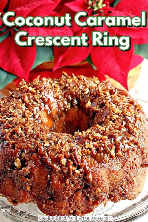 This Coconut Caramel Crescent Ring is super simple to make and uses everybody's favorite store-bought ingredient... canned crescent rolls. #breakfast #brunch #coffeecake #crescentrolls #sweetrolls #caramel #coconut #pecanbreakfasttreat #coconutsweetrolls #christmasbreakfast #bundtpanrecipe #crescentring #sweetcrescentring #kudoskitchenrecipes Crescent Rolls Breakfast, Crescent Roll Recipes Dinner, Bundt Pan Recipes, Caramel Coconut, Caramel Rolls, Christmas Breakfast Recipe, Crescent Recipes, Crescent Ring, Canned Biscuits