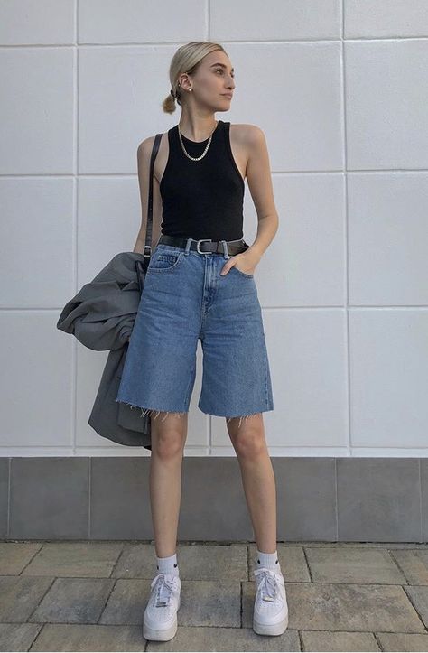 Short Ootd Casual, Longline Shorts Outfit, Levis 501 Mid Thigh Shorts Outfit, Long Denim Shorts Outfits, Denim Long Shorts Outfit, Outfit With Jorts, Long Shorts Outfits, Long Shorts Outfits Women, Outfit Ideas Hot Weather